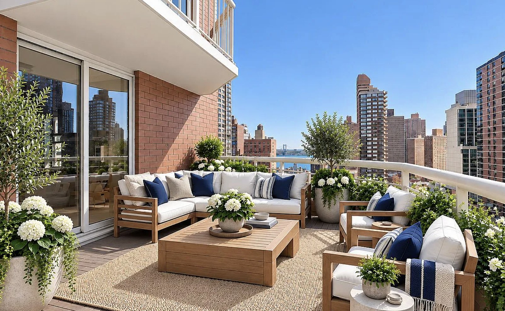 Furnished balcony of a two-bedroom Yorkville condo with a wood sectional, planters and city and river views
